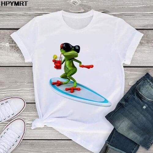 New Summer T Shirt Women Kawaii Surfing frog T-shirt Funny Animal Graphic Tees Plus Size Tops Streetwear Tshirt Female Clothing