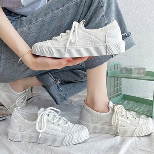 Women Flat Sneakers Females Mesh Thick Soled Classic White Shoes Ladies 2021 New Design Breath Comfort Personality Lace Up Shoes