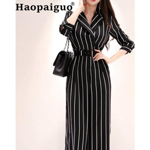 Black Three Quarter Sleeve Striped Print Sashes Work Jumpsuit Summer Mid Waist Casual Turn-down Neck Highstreet Women Jumpsuits