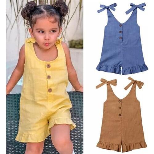 1-6Y Toddler Kids Baby Girl Summer Clothes Strap Jumpsuits Solid Sleeveless Button Ruffles Rompers Overalls Outfits