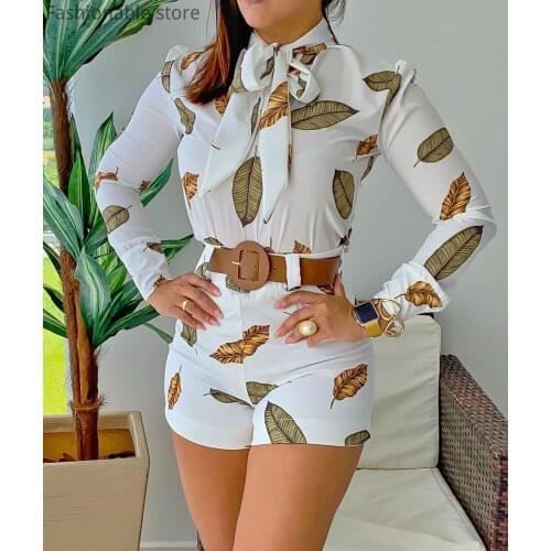 Womens tracksuit Solid Color Striped Suits Two Piece Leaf Print Puff Sleeve Top & Shorts Set