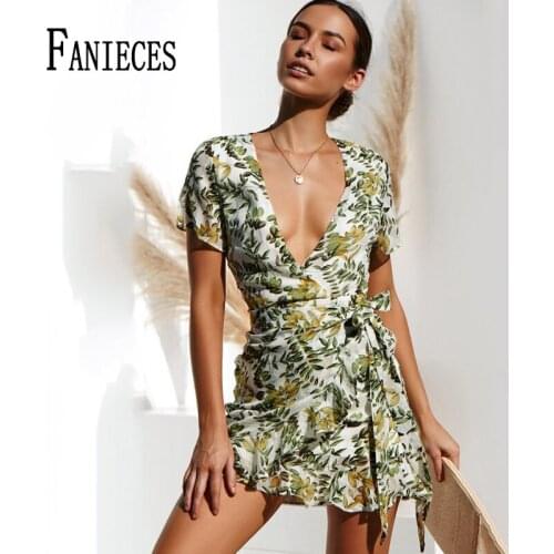FANIECES Summer Holiday Beach Mini Dress Women Leaf Print Boho Chiffon Dress Belt Tunic Wrap Deep V-Neck Sexy Party Dress Robe
