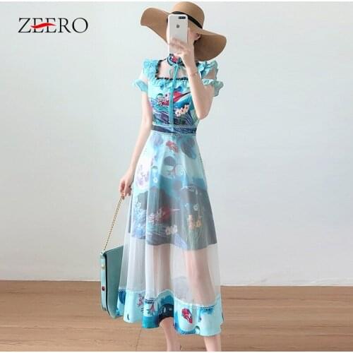Summer Floral Print Women Sexy Patchwork Mesh Lace Up Beach Dress Elegant Female Plus Size Maxi Ruffles Party Dresses Vestidos