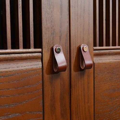 1 Pcs Closet Shoe Cabinet Brass Furniture Knob Cowhide Leather Pull Handle Drawer Knobs with Screws