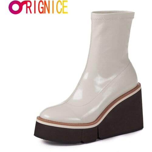 Orignice New Design Genuine Leather Platform Wedges Ankle Boots Autumn Winter Concise Round Toe Party Night Club Shoes Black