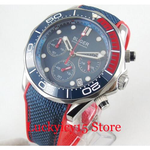 BLIGER Brand Quartz Men Watch Chronograph Date Function 41mm Wristwatch Sapphire Glass Rubber Strap 24 Hours
