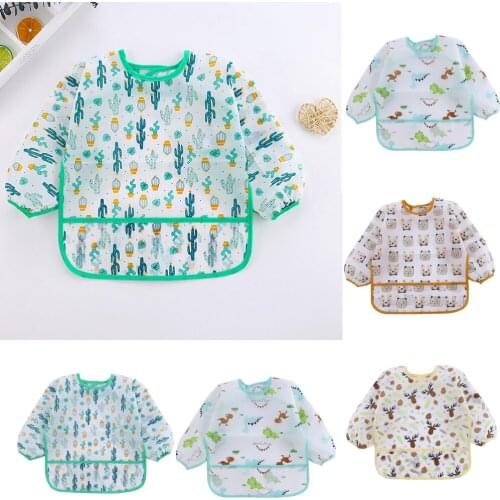 Kids Long Sleeve Art Smock Cartoon Print Waterproof Painting Aprons Children´s Feeding Bib with Pocket for Baking Cooking