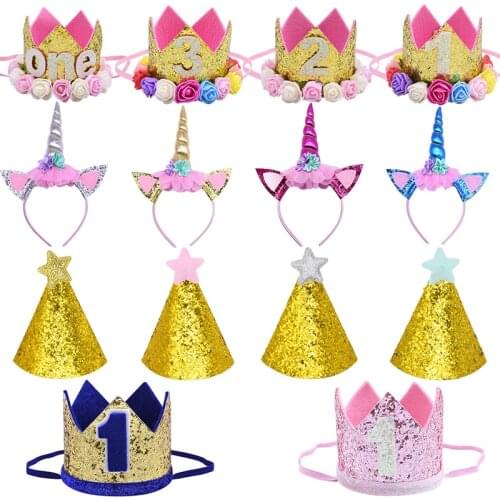 1st Kids Birthday Party Hat Headband 1/2/3Year Old Number Crown Princess Prince Crown Headdress Baby Shower Birthday Party Decor