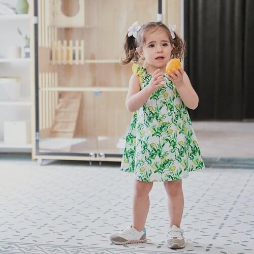 Hollead Childrens Sling Princess Dress Girl Lovely Off-Shoulder Ruffles Clothing Leaf Printing Cotton Dresses Birthday Party