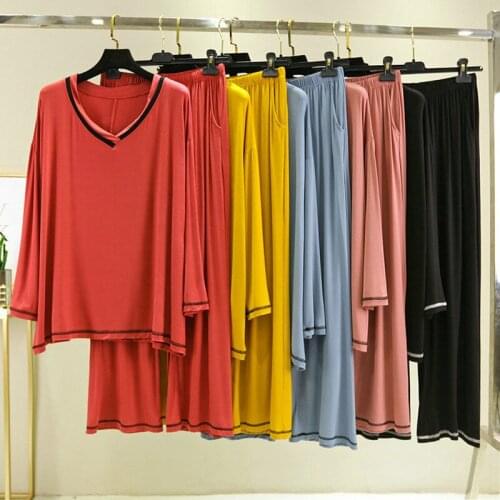 Modal Sexy V-Neck Pajamas Set Sleepwear Solid Pajama 2Piece/Suit Full Sleeves Shirt Pant Lingerie Mom Casual Womens Homewe