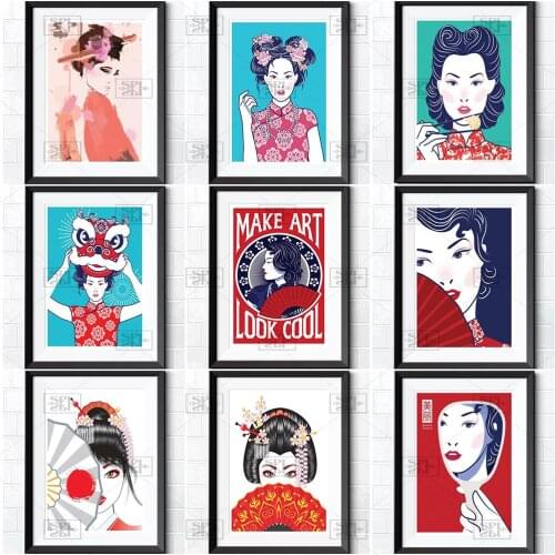 Beautiful Chinese Cheongsam Posters and Prints Japanese Geisha Canvas Painting Retro Wall Art Home Decor for Living Room Picture