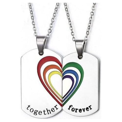 Couple Necklace Pendant Stainless Steel Gay Pride Rainbow Heart Wedding Jewelry Lesbian LGBT Chain