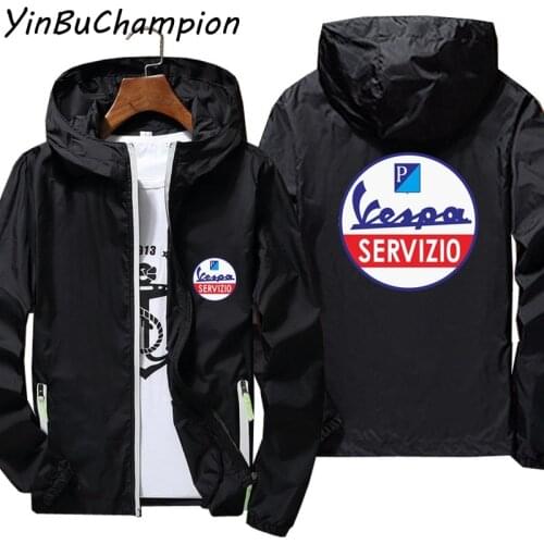 Mens Women Vespa Servizio Zipper Thin Windbreaker Bomber Hooded Jacket Male Outdoor Pilot Skin Ultra Light Coat Plus Size 7XL