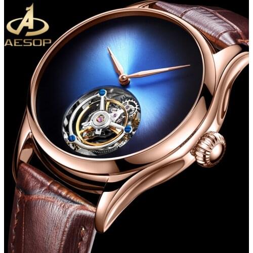 AESOP Real Tourbillon Mechanical Mens Watch Simple Waterproof 316L Stainless Steel Case Double-sided Sapphire Glass Watch
