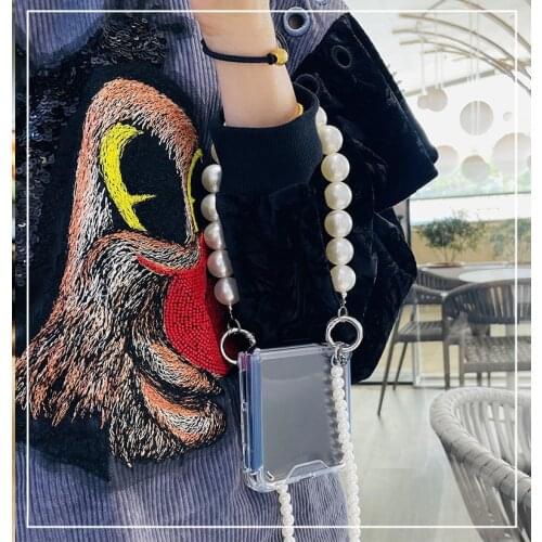 Fashion Crossbody Portable Pearl Chain Clear Case For Samsung Galaxy Z Flip Shockproof Anti-Scratch Back Cover For Z Flip 3