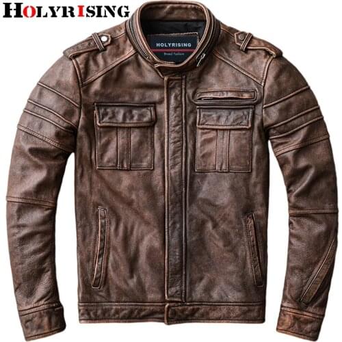 First layer cowhide leather coat mens retro jacket with stand-up collar old motorcycle coat men Genuine Leather Jacket 19494
