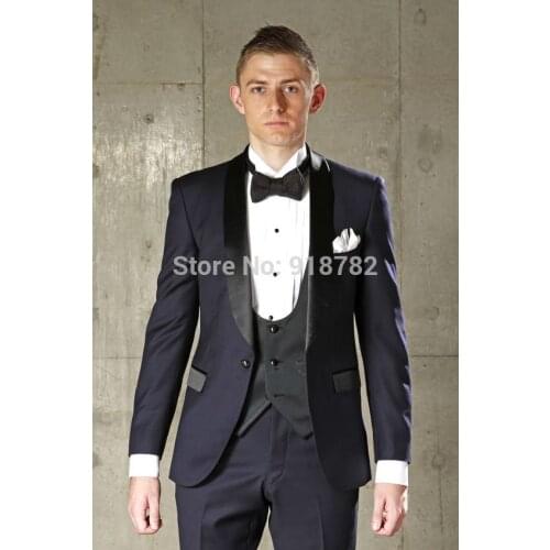 Terno Masculion Costume Homme Navy Blue Groom Wedding Dress Suit Mens Formal Wear Tuxedos For Men Bridegroom Coat+Pants+Vest+Bow