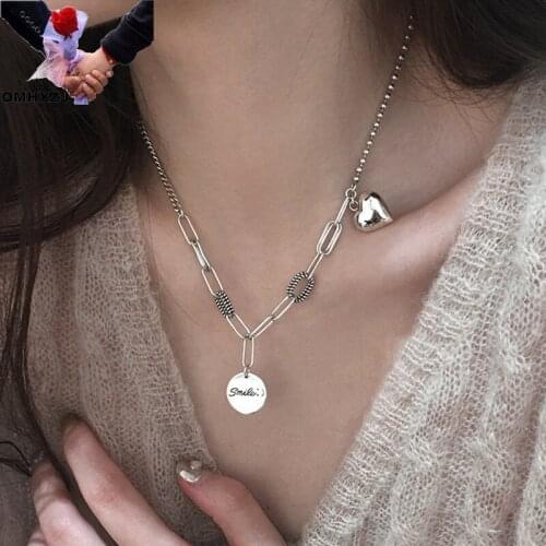 OMHXZJ Wholesale NA397 European Fashion Woman Girl Party Birthday Wedding Gift Round Heart 925 Sterling Silver Sweater Necklace