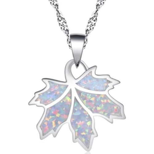 Silver Plated Leaf Shape 2 Colors Opalite Opal Pendant Link Chain Necklace Attractive Design Jewelry