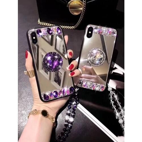 Capa For iphone 11 12 X XS MAX XR 6 6S PLUS 7 8 PLUS Luxury Glaring Sparkle Bling Diamond Ring Stand Soft Mirror Anti-Fall Cover
