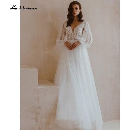 Long Sleeve Wedding Dresses A Line 2021 Robe Longue Simple Beach Chiffon Long Wedding Gowns Deep V-neck Lakshmigown