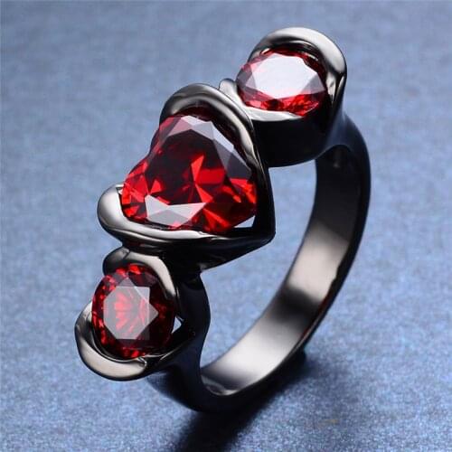 Vintage Female Red Crystal Stone Jewelry Charm 14KT Black Gold Engagement Rings For Women Dainty Love Heart Zircon Wedding Ring