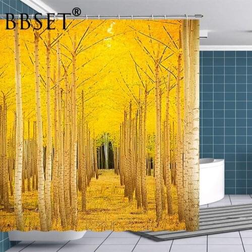 Natural Scenery Shower Curtain Yellow Birch Forest Pattern Waterproof Multi-size Douchegordijn Bathroom Decor with 12 Hooks