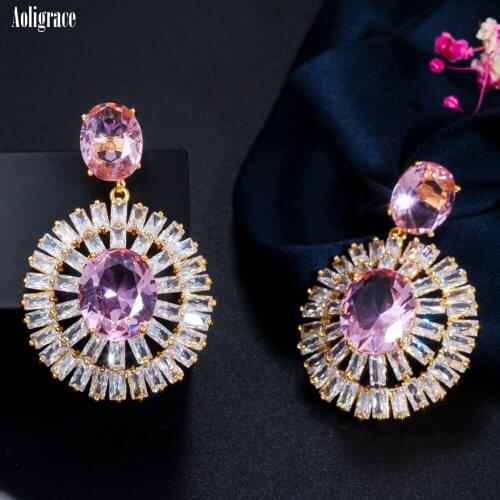 Western 2021 New Sweet Round Zircon Drop Earrings For Women CZ Pink Wedding Earrings for Prom Party Hot Jewelry Gift for Girls