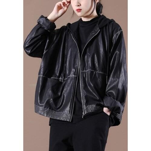 Spring 2021 New Female Korean Loose Large Size Literary Knit Hat Stitching Leather Short Jacket Leisure Mujer Chaqueta zh116