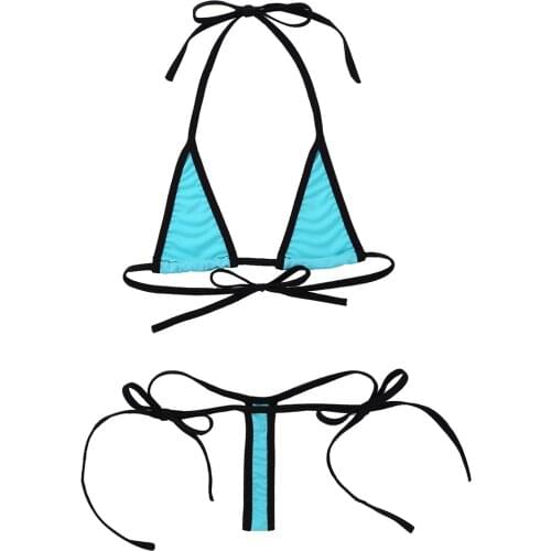 Womens Sexy Beachwear Minimal Cover Micro Bikini Set Swimsuit Set Halter Neck Self-tie Bra Top with G-String Briefs Underwear