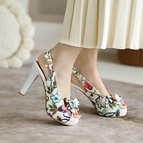 2021 Spring New Pattern Bow Knot Thick Heel High Heels PU Printed Super High Heel Waterproof Platform Fish Mouth Sandals