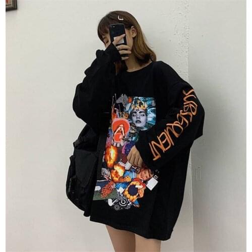 Jumper Ladies Fashion long sleeve Spring Autumn Sweatshirts Funny Printed Korean streetwear girls tees Kpop Loose Females Tee