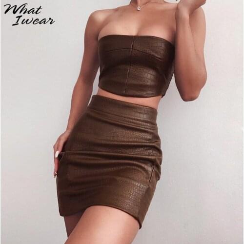 Leather Strapless Tube Top Elastic Skinny Mini Skirts Two Piece Set Woman Fashion Female Party Suits Streetwear Female Outfit