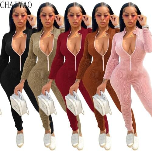 Wholesale Items Plus Size Autumn and Winter Women Fashion Sexy Slim-fit Corduroy Solid Color Zipper Jumpsuit