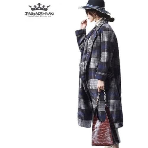 2019 Autumn Winter High-end Long Wool Woolen Coats Retro Plaid Large size Women Coat Thicken Warm Female Casual Woolen Jackets
