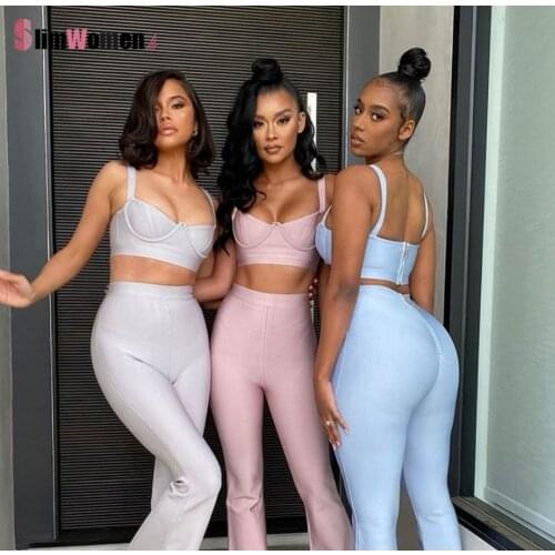 2021 Summer Sexy Bandage 2 Two-piece Set Women Fashion Sleeveless Tight Short Corset Top & High Waist Flared Trousers Pants Set