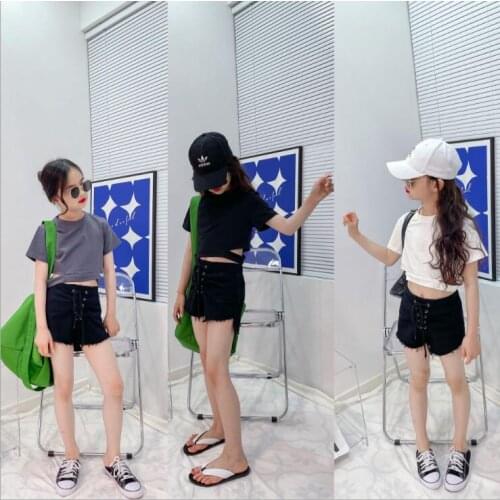 2021 hot sale girls hollow out t-shirt summer solid colors fashion girls top 3-8t B291