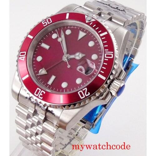 Bliger 40mm Red Sterile Dial Date Sapphire Crystal GMT Function Automatic Men Watches Jubilee Strap Rotating Bezel