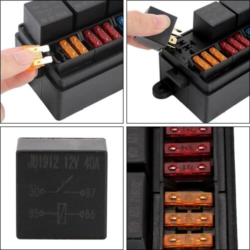 Plastic Cover Fuse 12 Way Blade Fuse Holder Box with Spade Terminals 4Pin 12V 40A Relays for Auto Car Truck Trailer