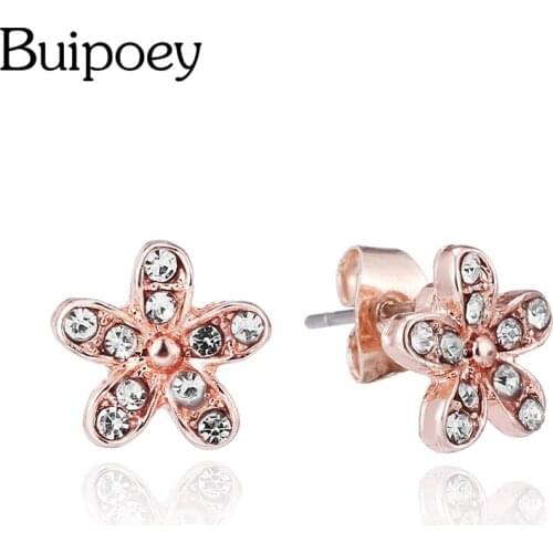 Buipoey Rose Gold Shiny Daisy Flower Earrings For Women Fine Stud Earrings Jewelry Friends Couple Birthday Gift Anti Allergy