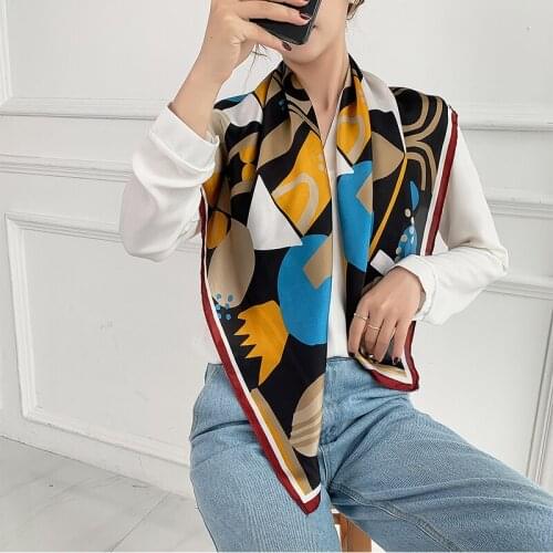 Ladies Shell Abstract Printed Fashion Accessories Soft Elegant 90x90cm Square Bandana Scarf Wrap Imitated Silk Hijab Shawl