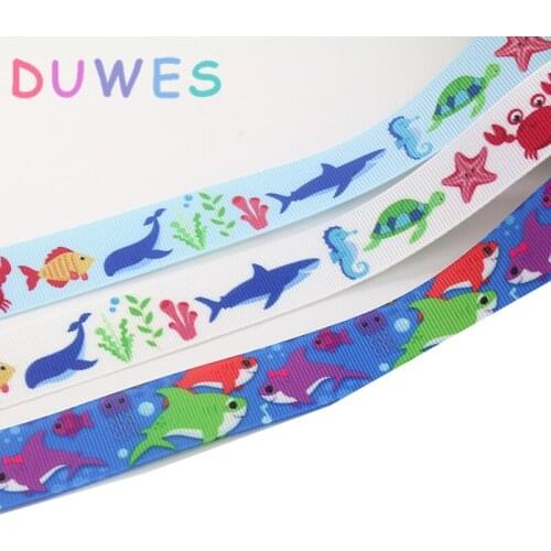 DUWES 50yards sea shark whale animals printed grosgrain Ribbon Accessory hairbow headwear decoration Wholesale OEM D1042