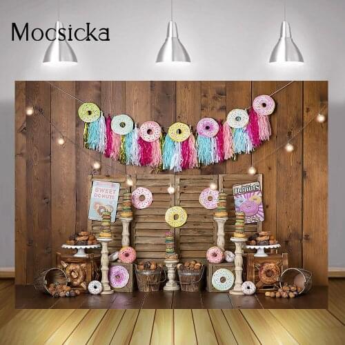 Vintage Sweet Donut Backdrop Children Birthday Cake Smash Background Photo Studio Baby Portrait Photography Brown Rustic Wooden