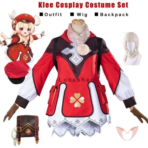 Genshin Impact Cosplay Klee Cosplay Costume Maid Outfit Wig Backpack Loli Kawaii Maid Dress Girl Women Halloween Birthday Dress