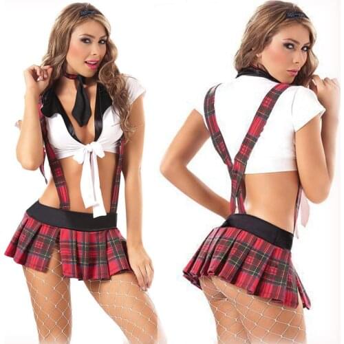 Hot Slae Fashion Womens Sexy Student Uniform Red Plaid Harness Sleepwear School Uniform Sexy Temptation Game Uniforms