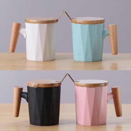 Wooden handle ceramic mugs frosted spoon with lid creative cup business office coffee cup Drinkware Dropshipping