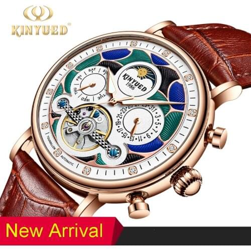 KINYUED Top Brand Luxury Tourbillon Mechanical Automatic Watch Man Moon phase Wristwatch Skeleton Mens Watches montre homme