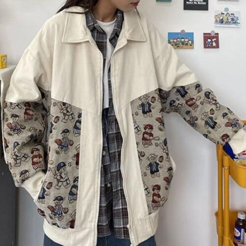 Bomber Jacket Women Baseball Uniform Bear Splicing Work Versatile POLO Neck Autumn Coat Harajuku Streetwear Vintage Clothing
