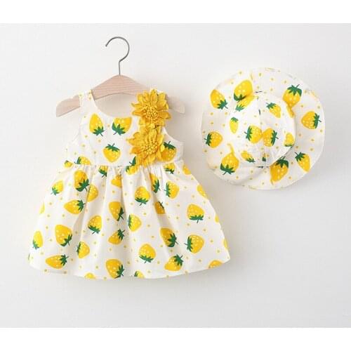 Summer Toddler Girls Sleeveless Casual Dresses Strawberry Print Dot Vestidos with Hat Baby Dress for Newborn Baby Girls Clothes