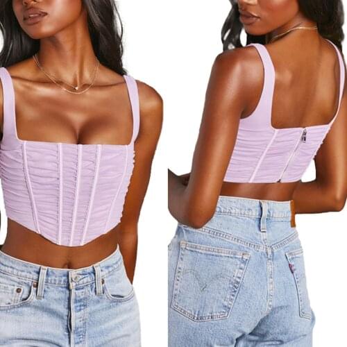 Summer Ladies Sexy Crop Top, Women Fashionable Solid Color Ruched Decoration Stretch Mesh Sleeveless Short Camisole Slim Vest